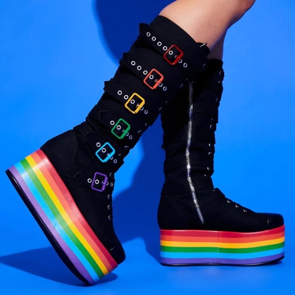 Women’s Dolls Kill Knee High Rainbow Pride Parade Platform Buckles Stompin Boots - Picture 6 of 11
